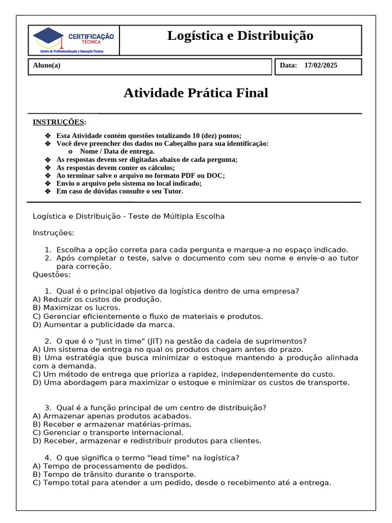 Atividade Prática: Logística e Distribuição | PDF | Logística | Cadeia ...