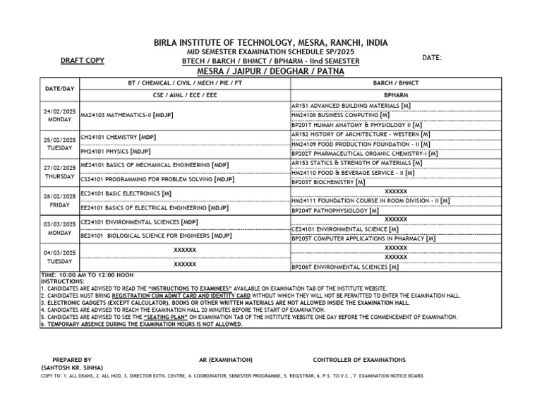 Mid Semester Exam Schedule 2025 | PDF | Physical Sciences | Engineering