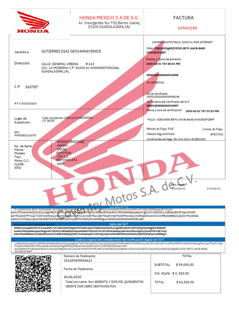 Factura de Venta de Motocicleta Honda | PDF