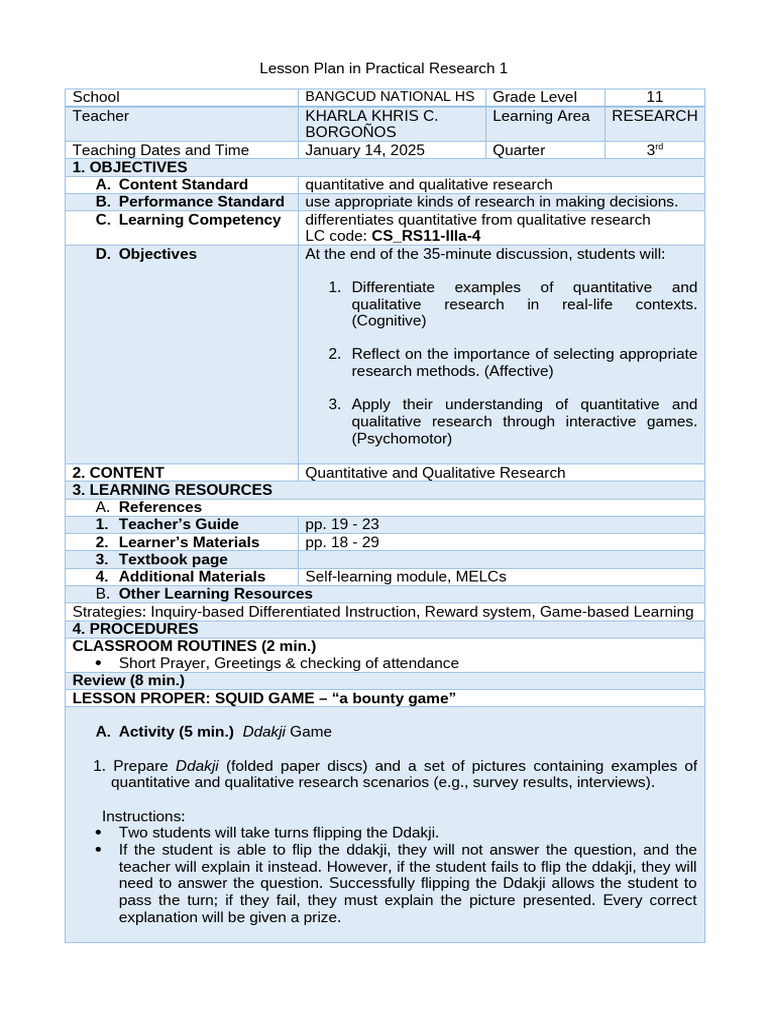 Research Methods Lesson Plan for Grade 11 | PDF | Quantitative Research ...