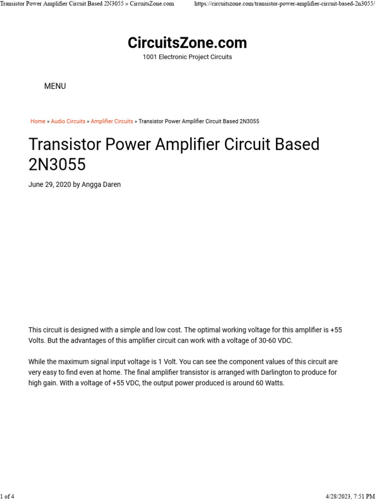 2N3055 Transistor Power Amplifier Guide | PDF | Amplifier | Electronic ...