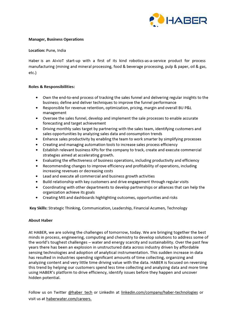 Business Operations Manager Role at Haber | PDF | Sales | Performance ...