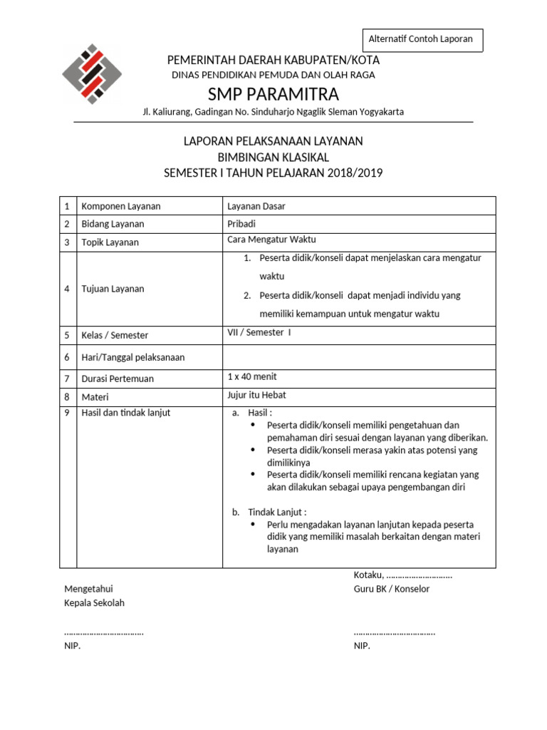 Laporan Bimbingan Klasikal SMP Paramitra | PDF