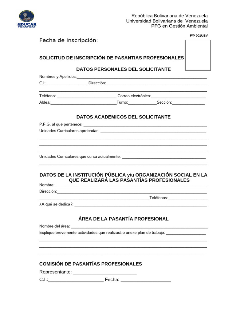 Solicitud de Pasantías Profesionales UBV | PDF