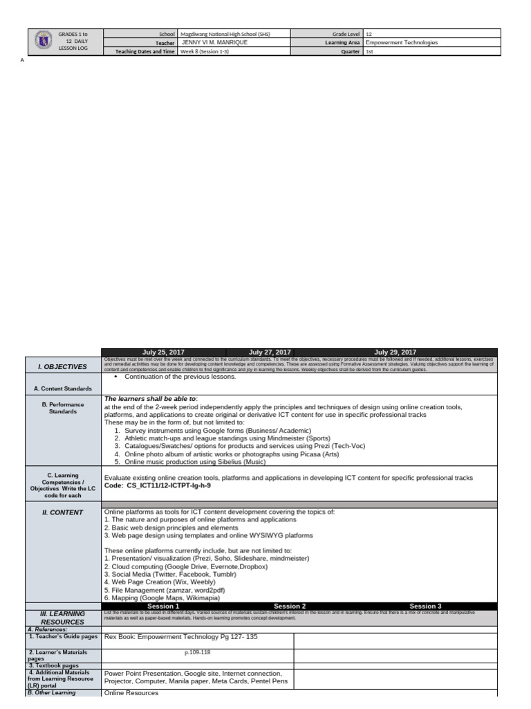 Grade 12 Empowerment Tech Lesson Log | PDF | Educational Technology ...