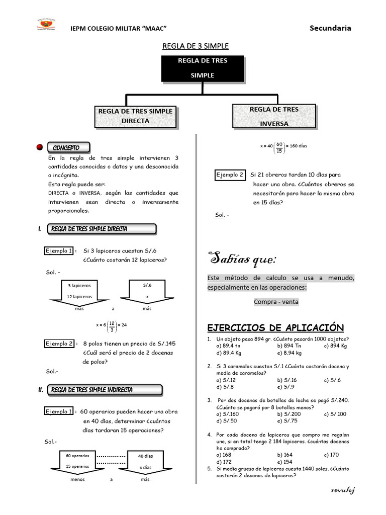 Regla de Tres Simple: Ejemplos y Ejercicios | PDF | Números | Álgebra