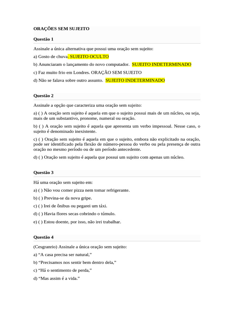 Oração Sem Sujeito: Definições e Exemplos | PDF | Assunto (gramática ...