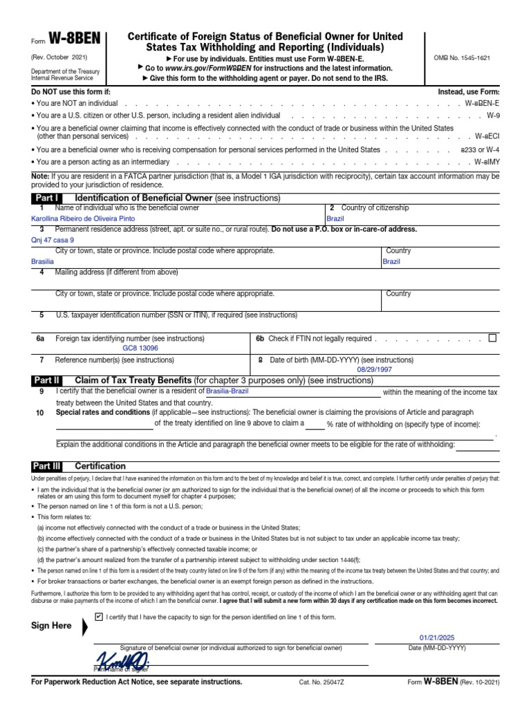 irs w8 ben form 2025