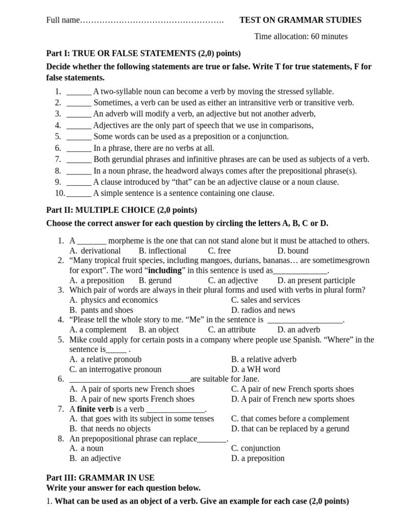 Grammar Test Dhanh 22 Nhom 03 | PDF | Verb | Adjective