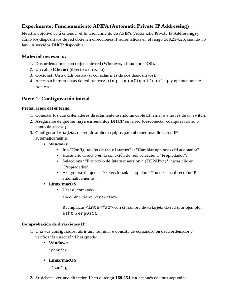 Guía de APIPA y Conectividad Básica | PDF | Protocolos de internet ...