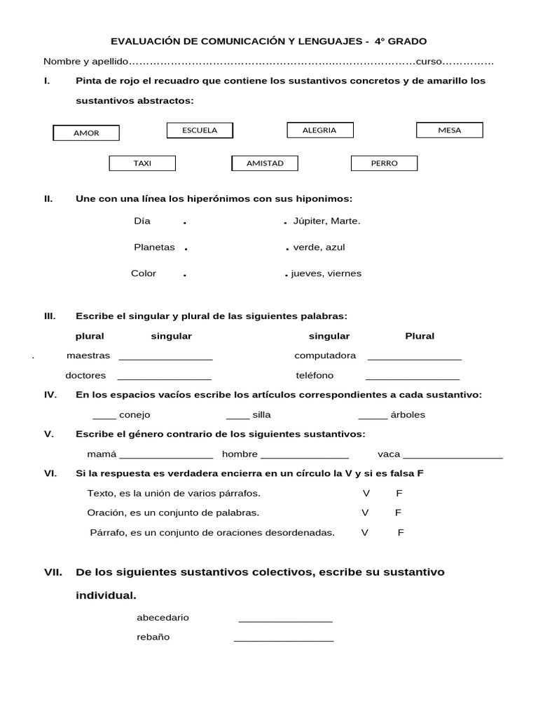 Evaluación de Lenguaje y Matemáticas 4° Grado | PDF | Sustantivo ...