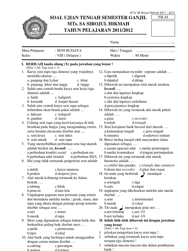 Contoh Soal Pts Uts Seni Budaya Kelas 9 Semester 1 Lengkap Dengan Kunci