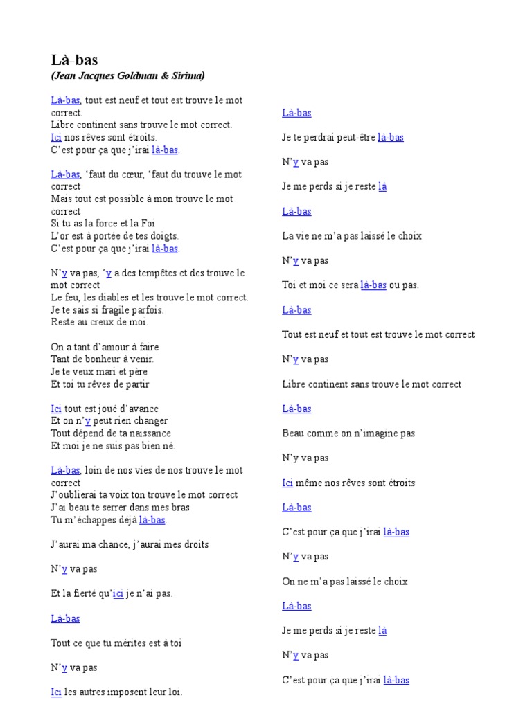 Jean Jacques Goldman Las Bas Paroles Là-Bas - Jean Jacques Goldman | PDF