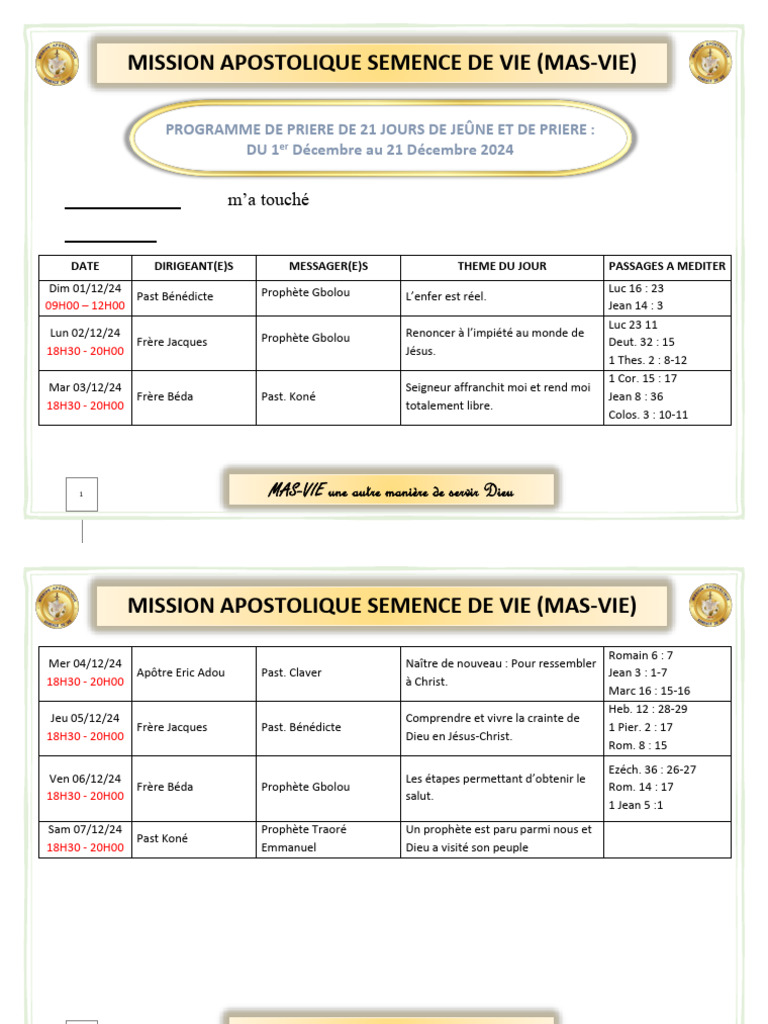 Programme de Prière MAS-VIE 2024 | PDF