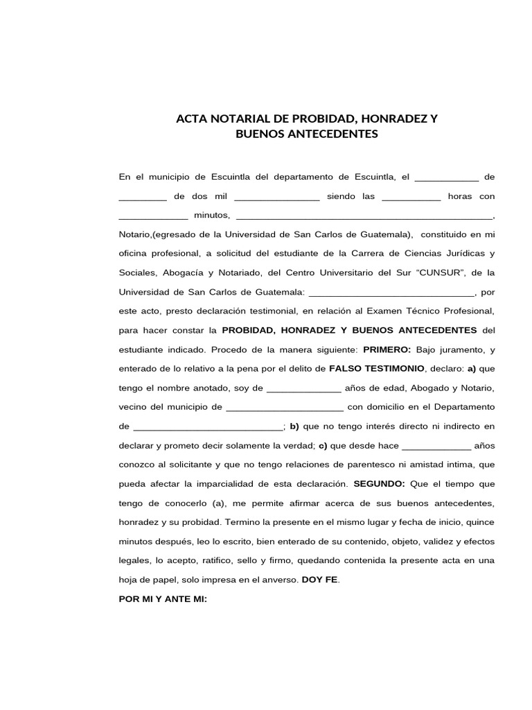 Acta Notarial de Probidad y Honradez | PDF