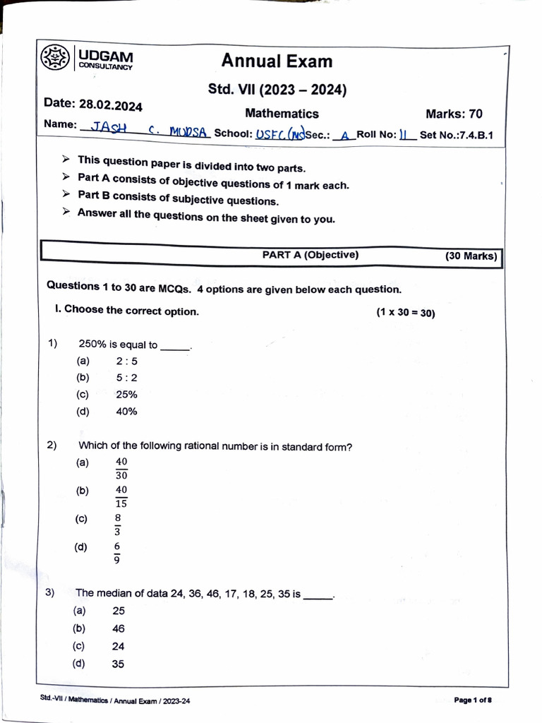 Std VII Mathematics Annual Exam 2024 | PDF | Mathematics | Elementary ...