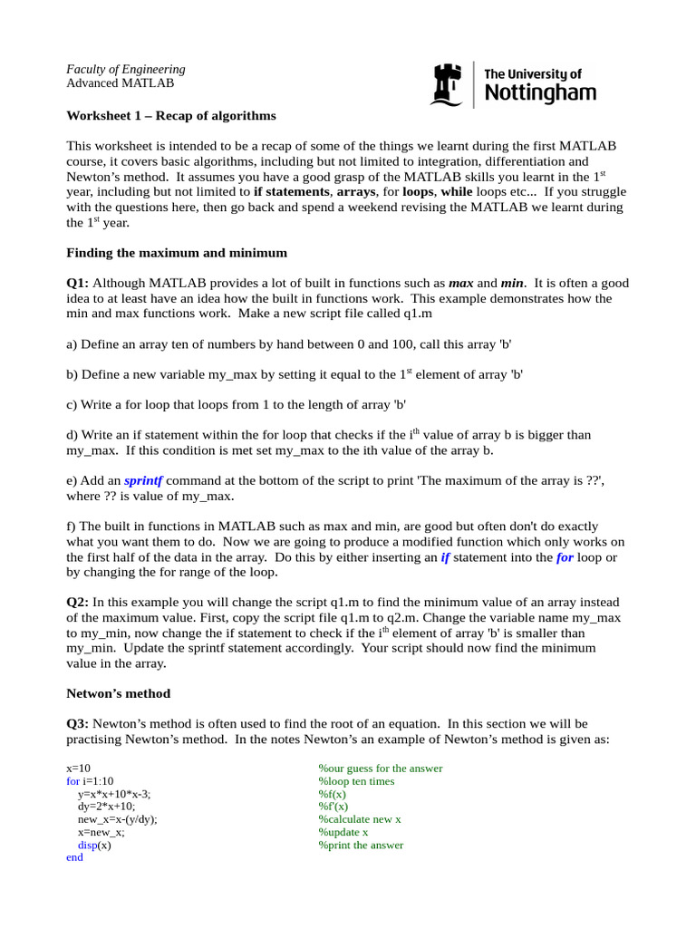 Worksheet 1 - Recap of Algorithms: Advanced MATLAB | PDF | Integral ...