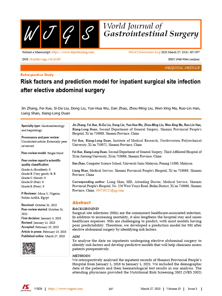 Risk Factors and Prediction Model For Inpatient Surgical Site Infecti ...