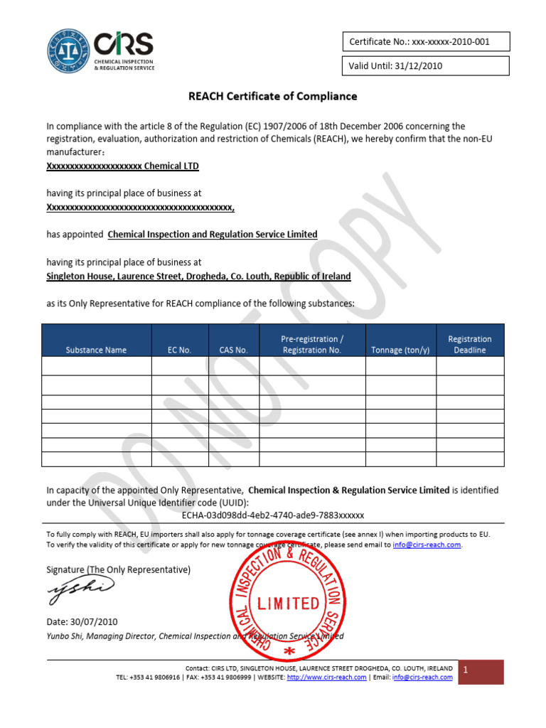 REACH Certificate of Compliance Overview | PDF