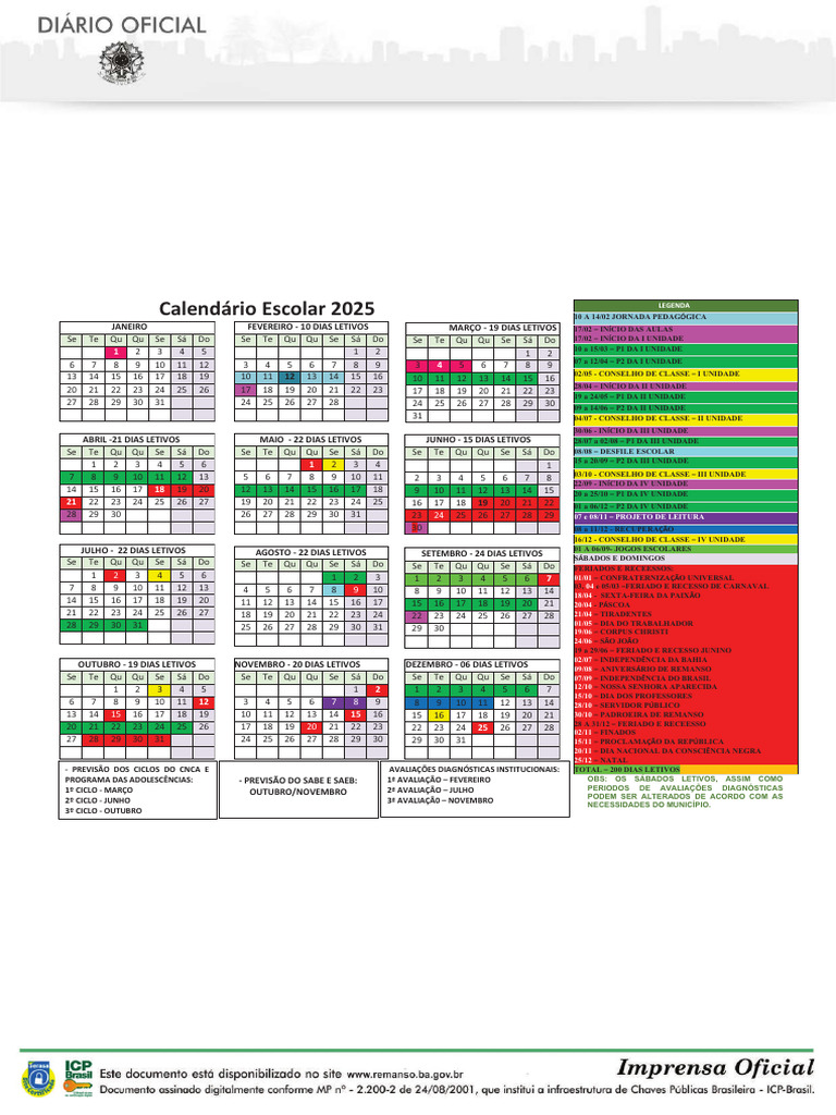 Calendário Escolar Bahia 2025 | PDF | Comemorações | Datas comemorativas