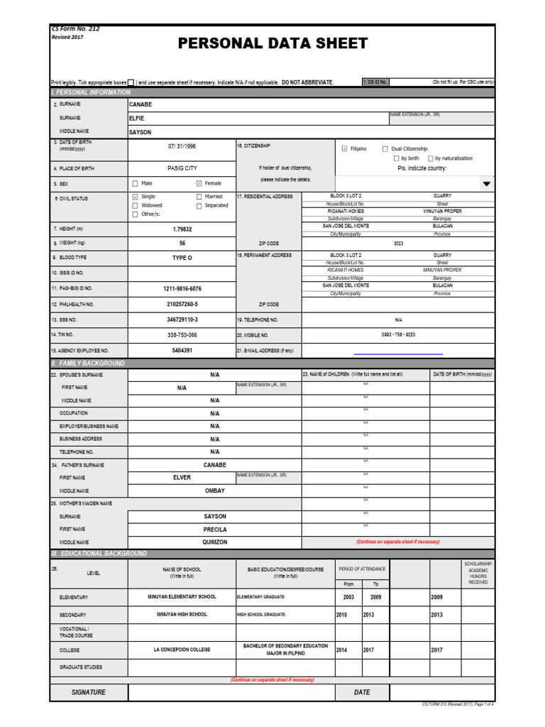 CS Form No. 212 Personal Data Sheet Revised | PDF | Government And ...