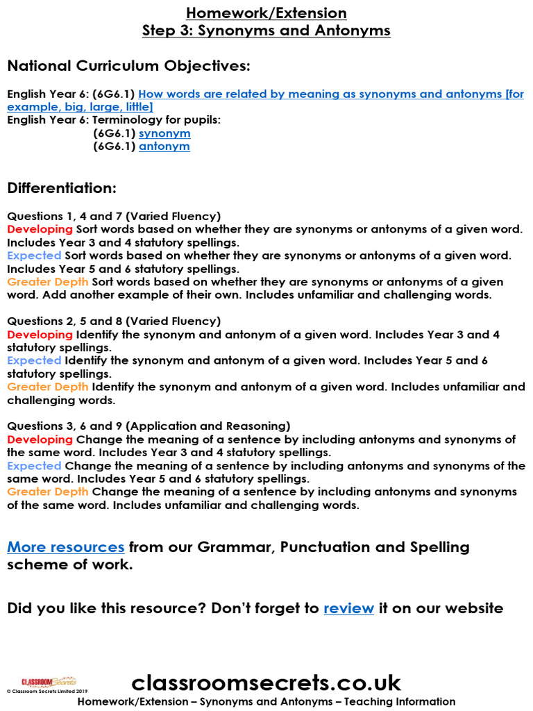 Year 6 Synonyms and Antonyms Guide | PDF | Lexical Semantics | Language ...