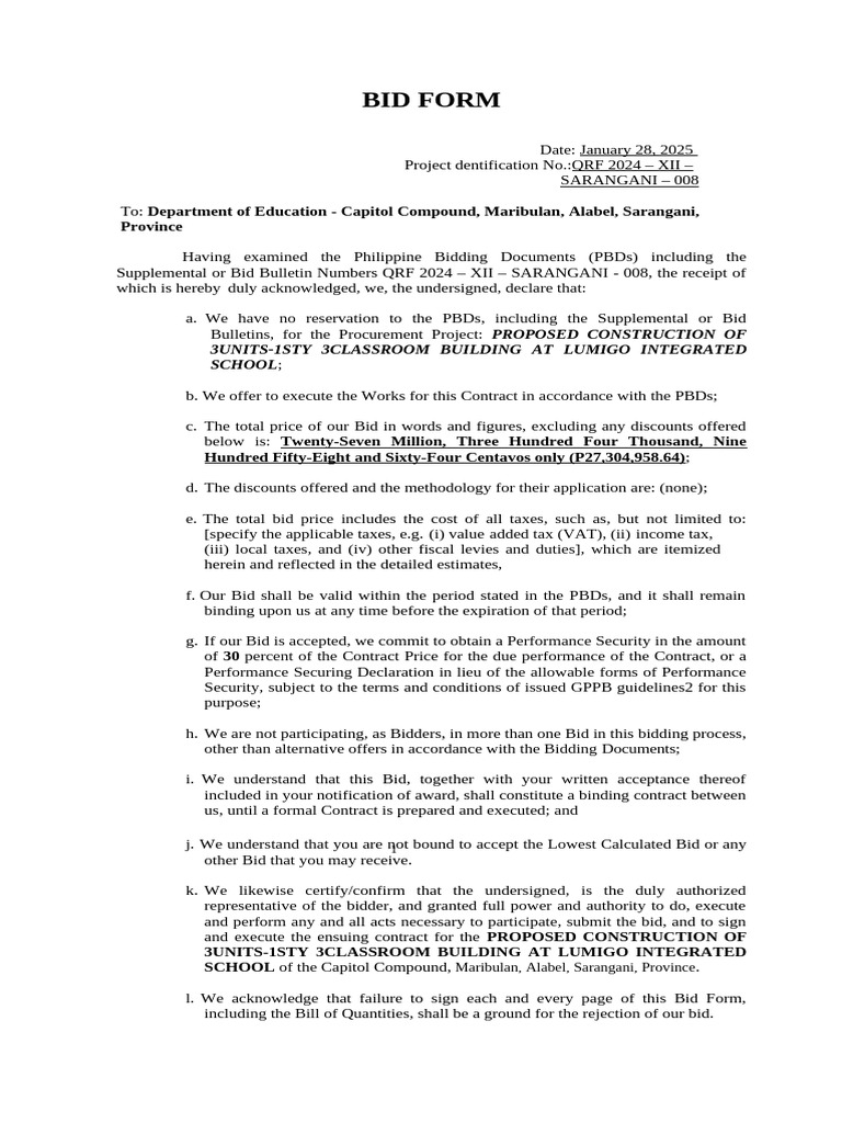Bid Form for Classroom Building Project | PDF | Taxes | Government Finances