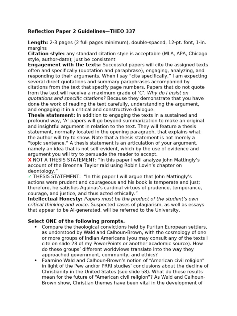 Guidelines for THEO 337 Reflection Paper | PDF | Citation | Theology