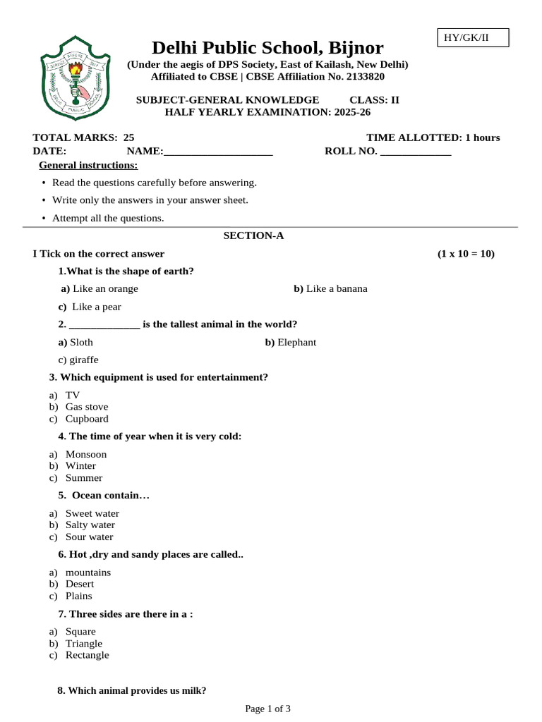 DPS Bijnor Class II GK Exam 2025-26 | PDF