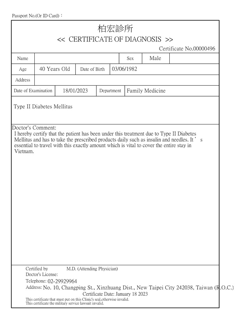 Type II Diabetes Diagnosis Certificate | PDF