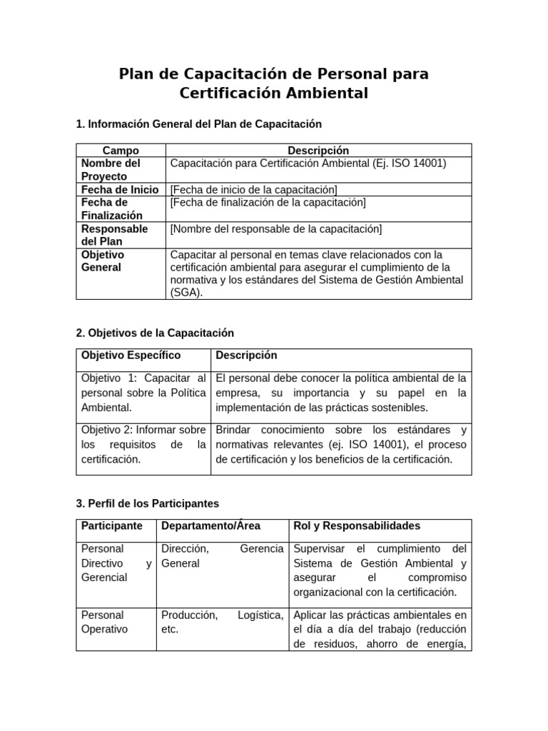 Plan de Capacitación de Personal para Certificación Ambiental | PDF