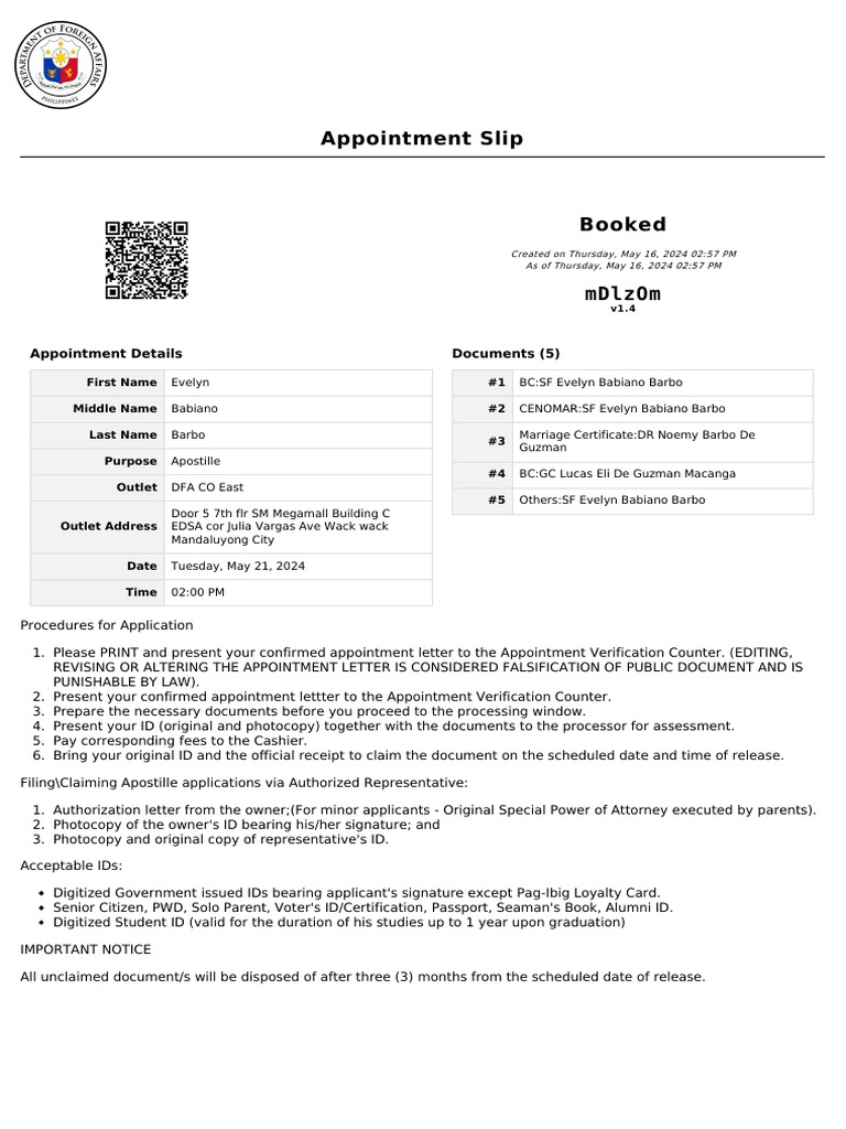 Apostille Appointment Confirmation Slip | PDF | Government And Personhood