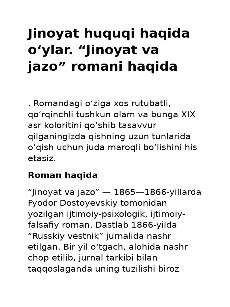 Jinoyat Va Jazo | PDF