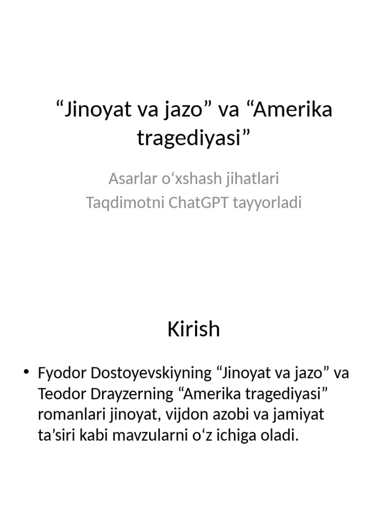 Jinoyat Va Jazo Vs Amerika Tragediyasi | PDF
