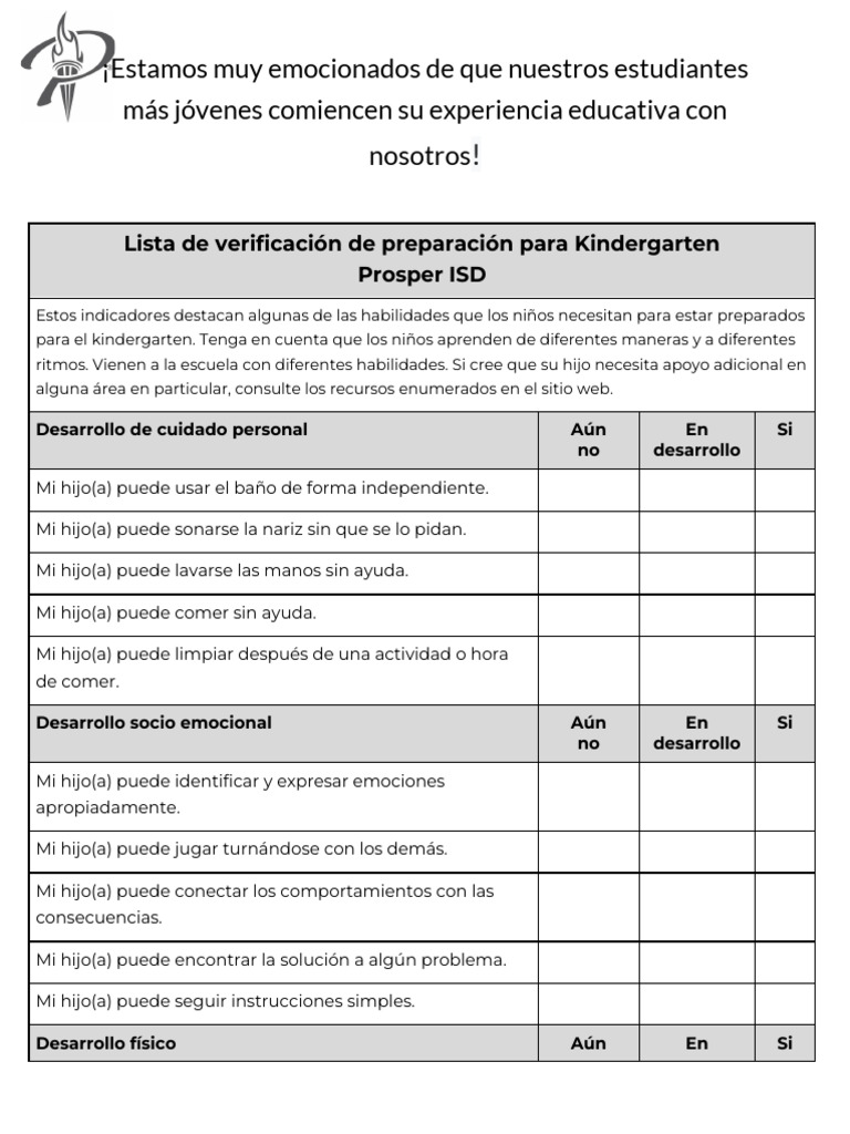 Spanish - Prosper ISD Kindergarten Readiness Checklist | PDF ...