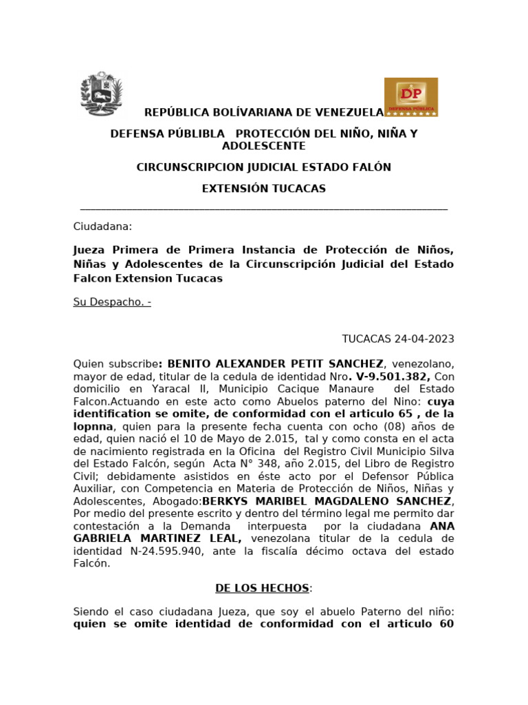 CONTESTACION DE DEMANDA COSTESTACION DE RESTITUCION FAMILIAR | PDF