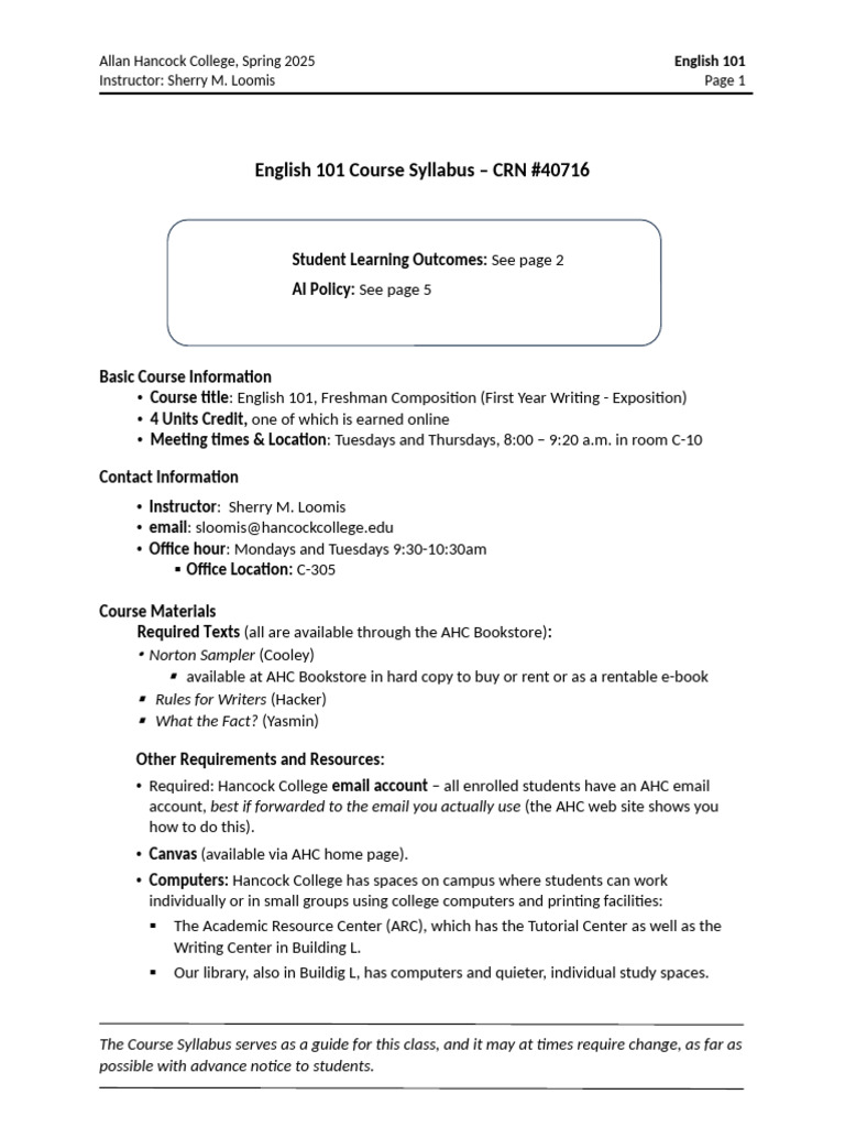 40716+Syllabus+English+101+ +spring+2025 | PDF | Plagiarism | Essays