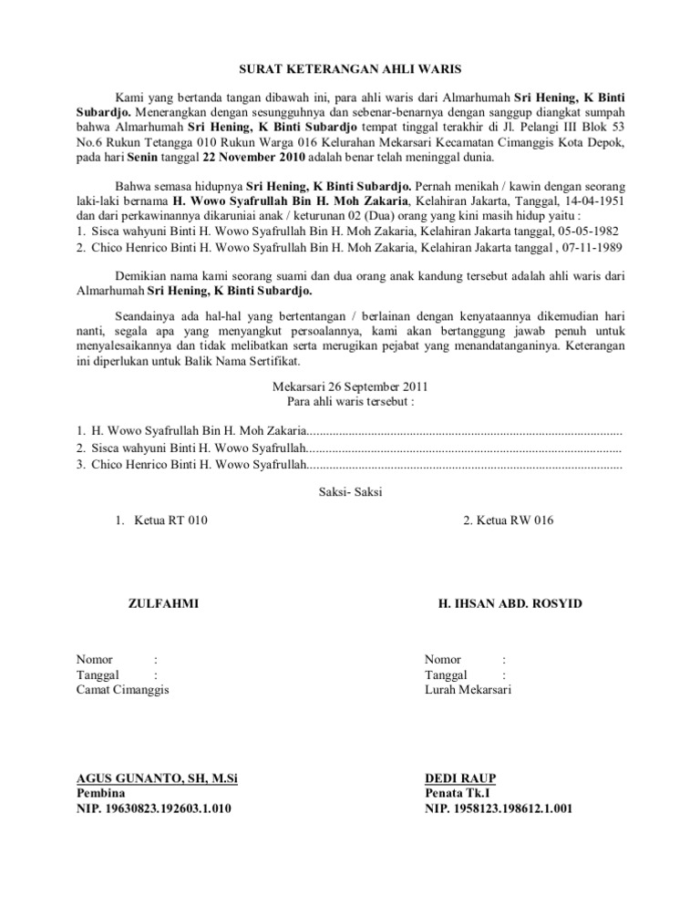 Contoh Surat Keterangan Ahli Waris Dari Kelurahan Dan ...