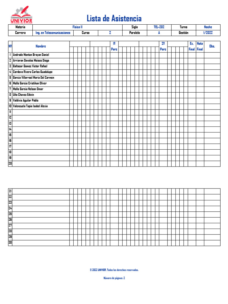 Lista de Asistencia Física II TEL-202 | PDF
