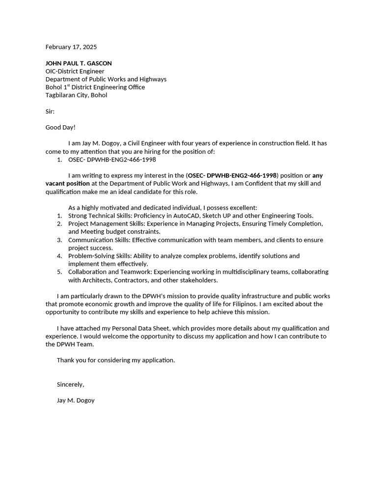Application for DPWH Engineering Position | PDF