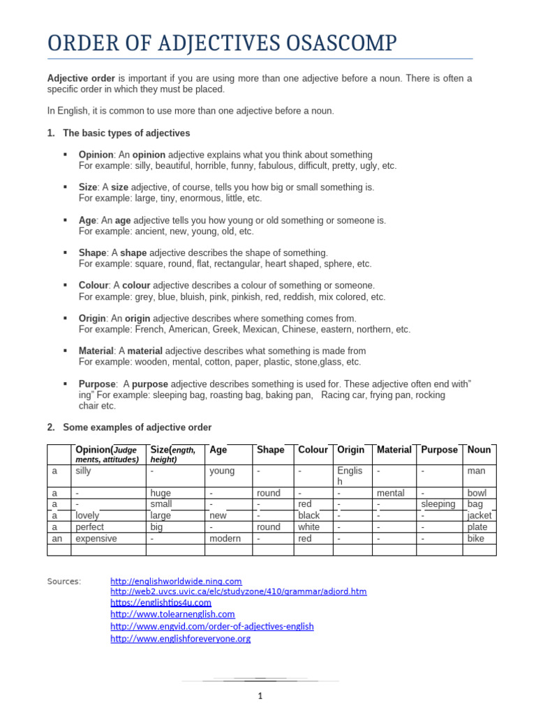 Understanding OSASCOMP Adjective Order | PDF | Adjective | Semantic Units