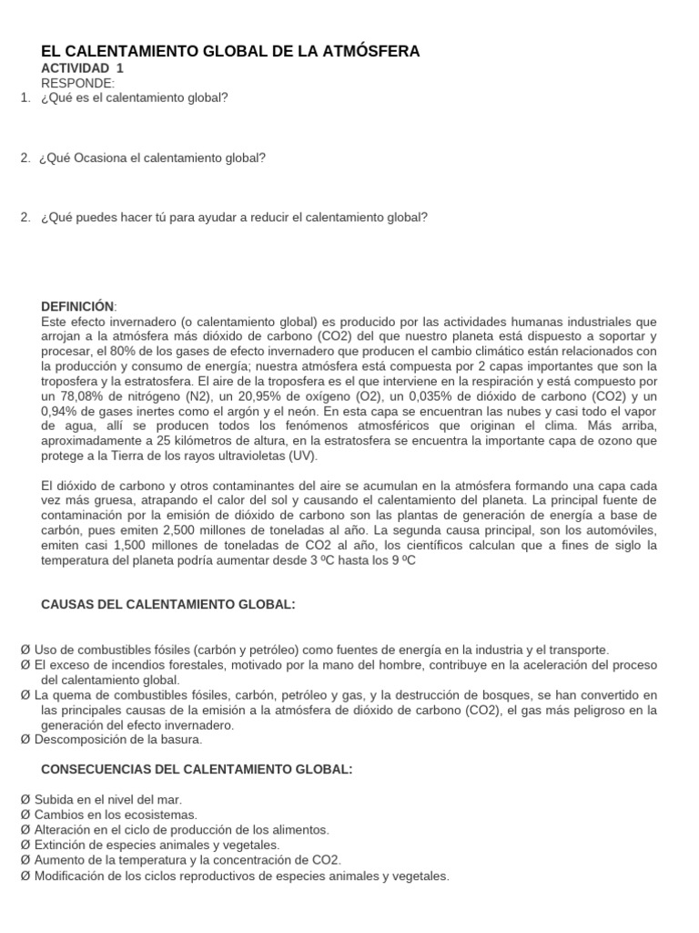El Calentamiento Global de La Atmósfera - Texto y Activ | PDF | Dióxido ...