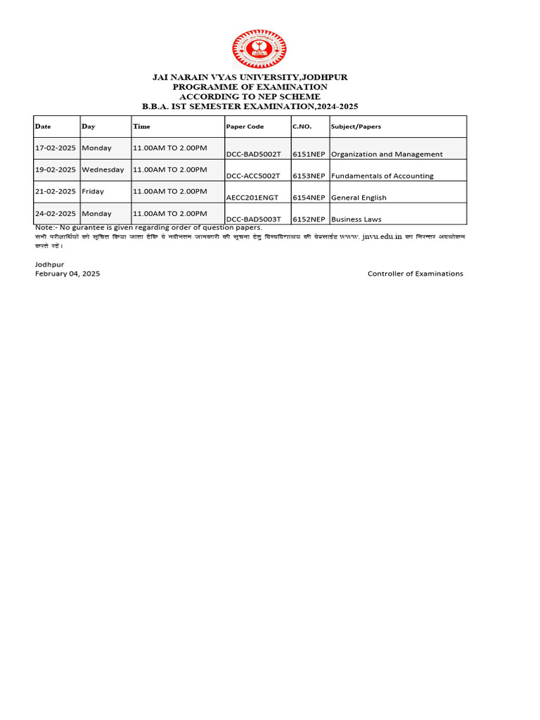 BBA 1st Semester Exam Schedule 2025 | PDF