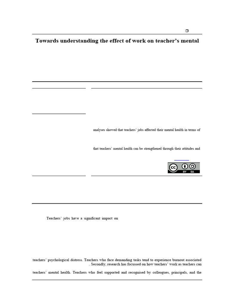 Towards Understanding The Effect of Work On Teacher's Mental Health: A ...