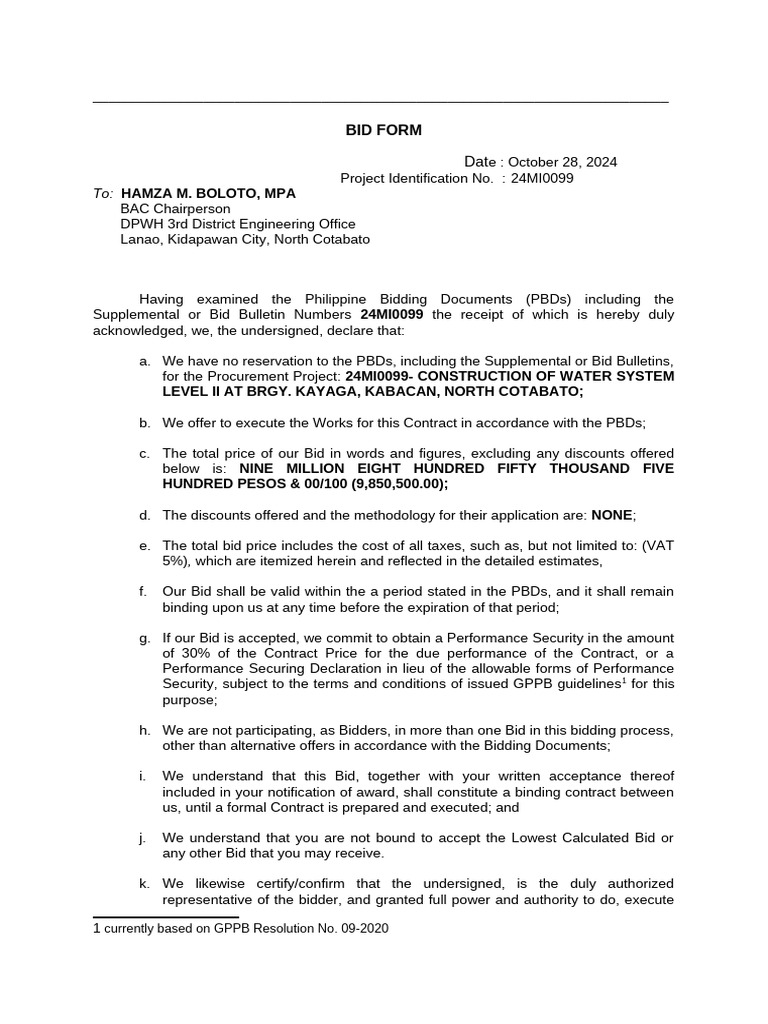 Bid Form for Water System Projects | PDF