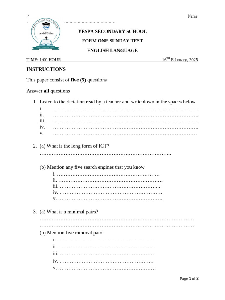 weekly test form one | PDF | Linguistic Morphology | Syntax