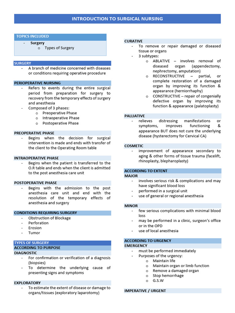 Introduction to Surgical Nursing Basics | PDF | Surgery | Perioperative