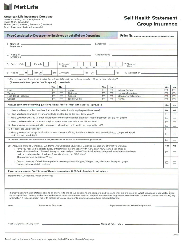 MetLife Group Insurance Health Statement | PDF | Hiv/Aids ...