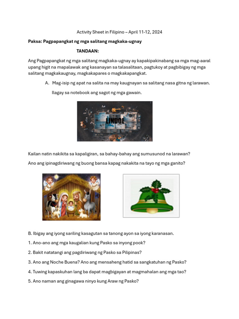 Activity Sheet in Filipino | PDF