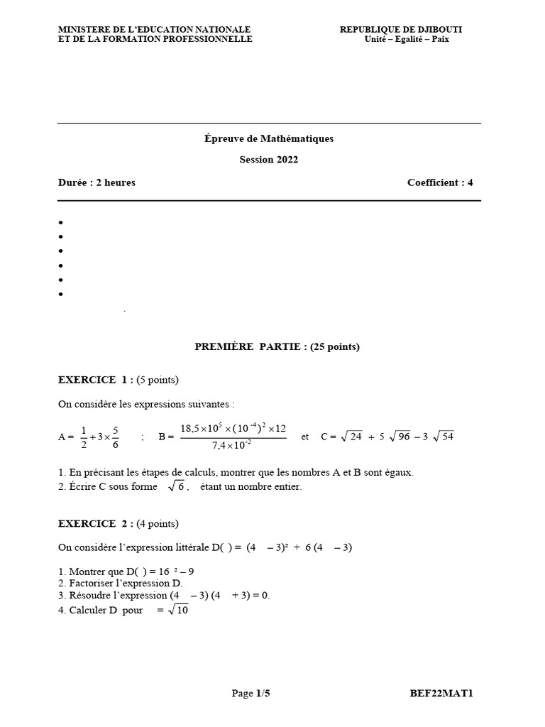 Sujets BEF Mathématiques Djibouti 2022 | PDF | Choix multiple | Triangle